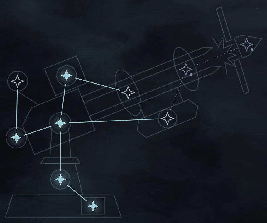 La constelación El Riel en el mapa del cielo: diez estrellas unidas con la forma de un cañón de riel. Está marcada la estrella Calibración, de la que salen todas las demás.
