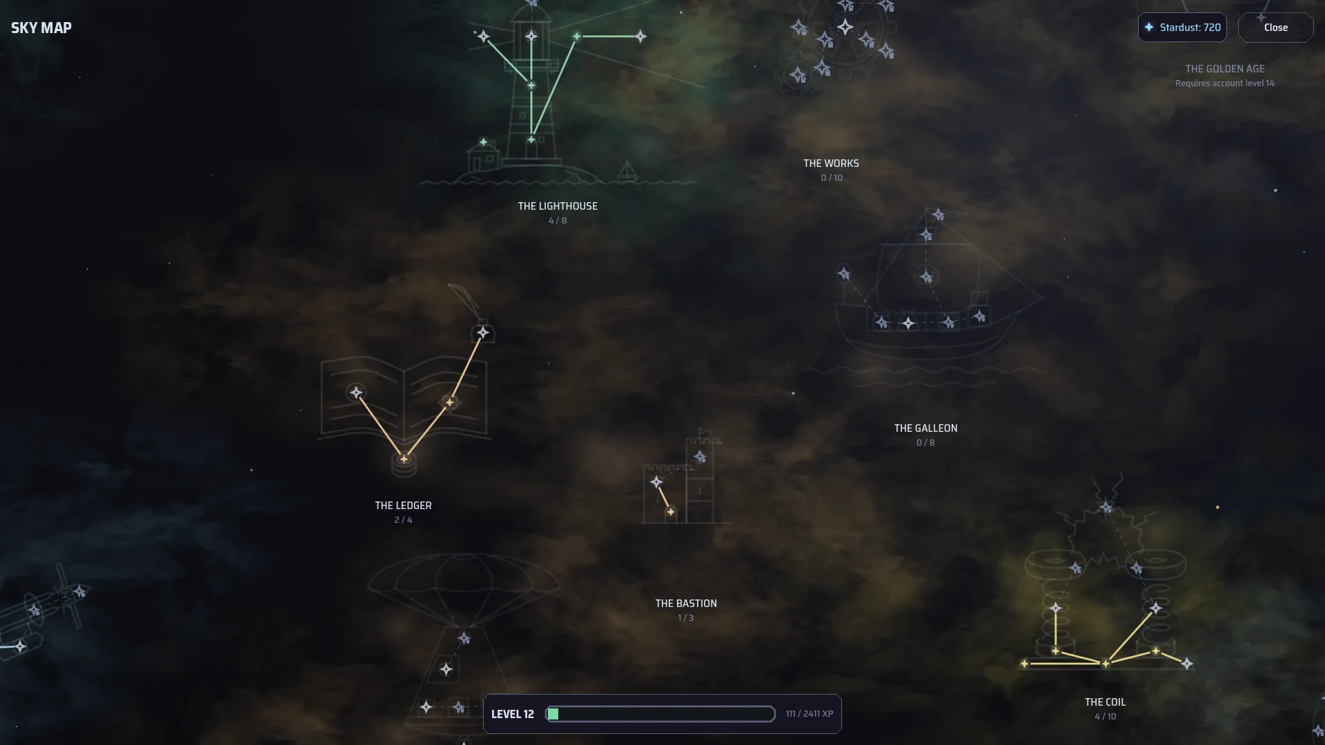 El cielo de constelaciones entre partidas, con nivel de cuenta 12: El Faro, El Libro Mayor, Los Talleres, El Galeón, El Bastión y La Bobina entre campos de nebulosas.